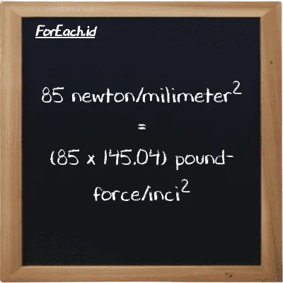 How to convert newton/milimeter<sup>2</sup> to pound-force/inch<sup>2</sup>: 85 newton/milimeter<sup>2</sup> (N/mm<sup>2</sup>) is equivalent to 85 times 145.04 pound-force/inch<sup>2</sup> (lbf/in<sup>2</sup>)